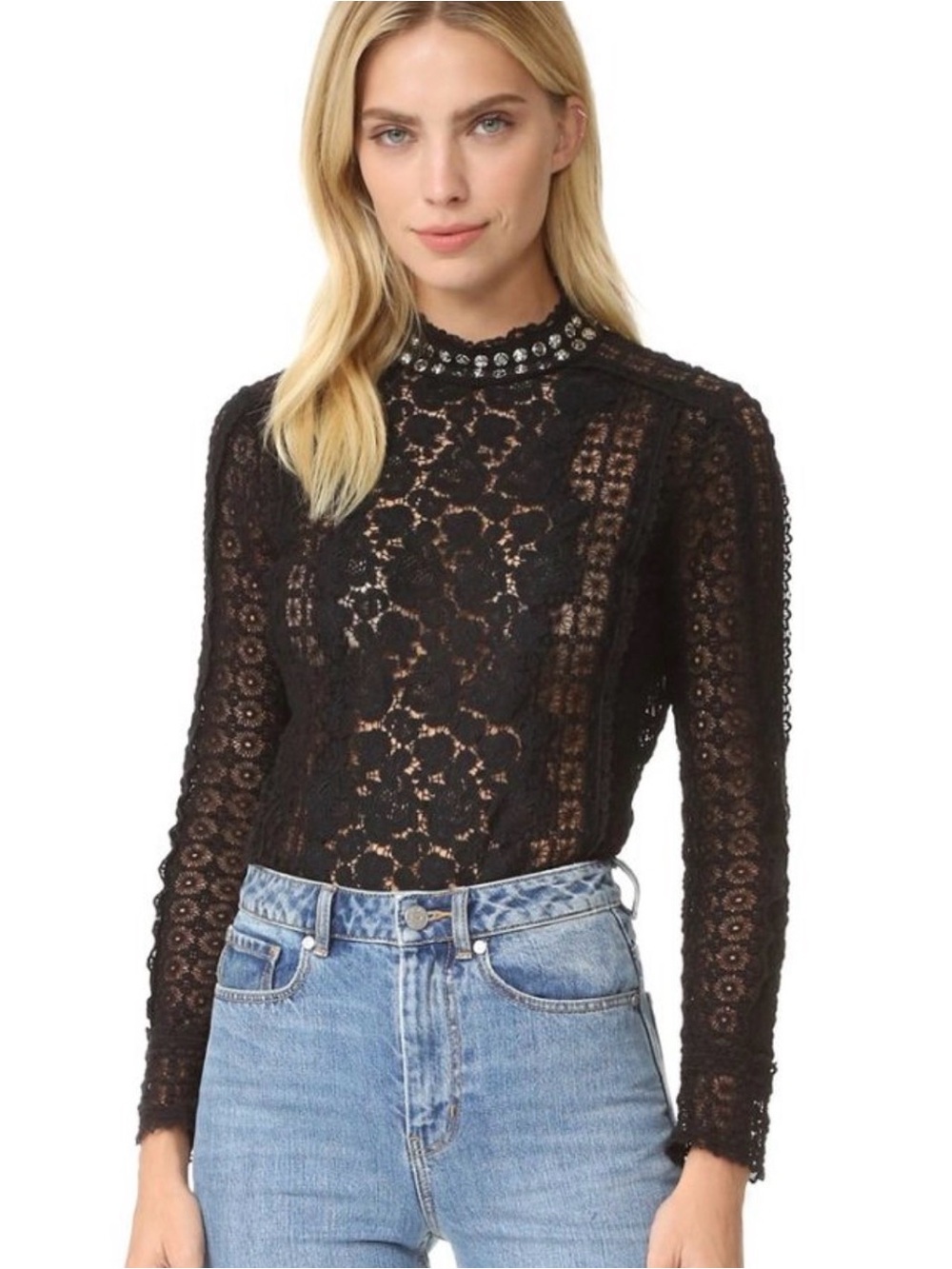 Rebecca Taylor Black Lace Embellished High Neck Long Sleeve Top